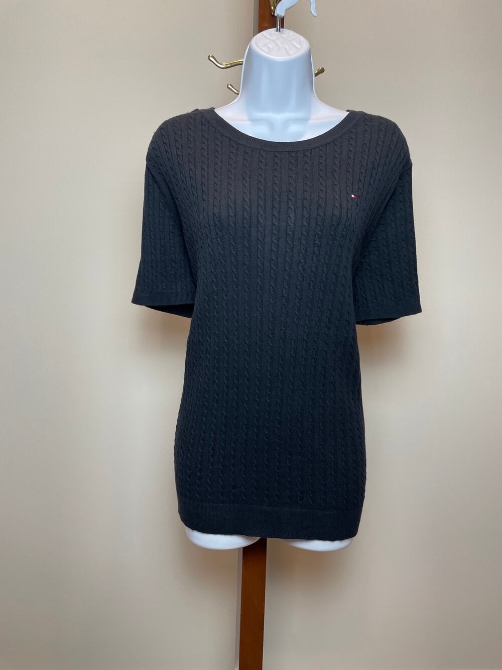 Tommy Hilfiger Cable Knit Short Sleeve Sweater Size XL Black Cotton